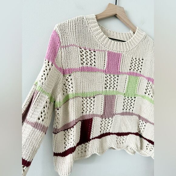LA Hearts Mixed Messages Checker Cotton Knit Sweater in Cream Multi - Size S - Picture 4 of 7